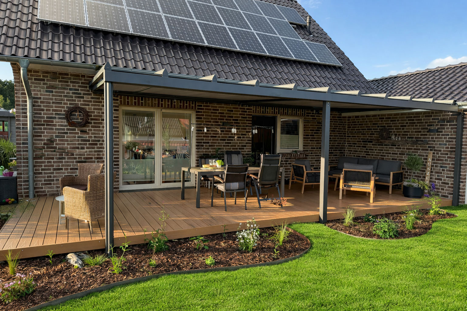 Terrassenueberdachung anthrazit holzterrasse solar