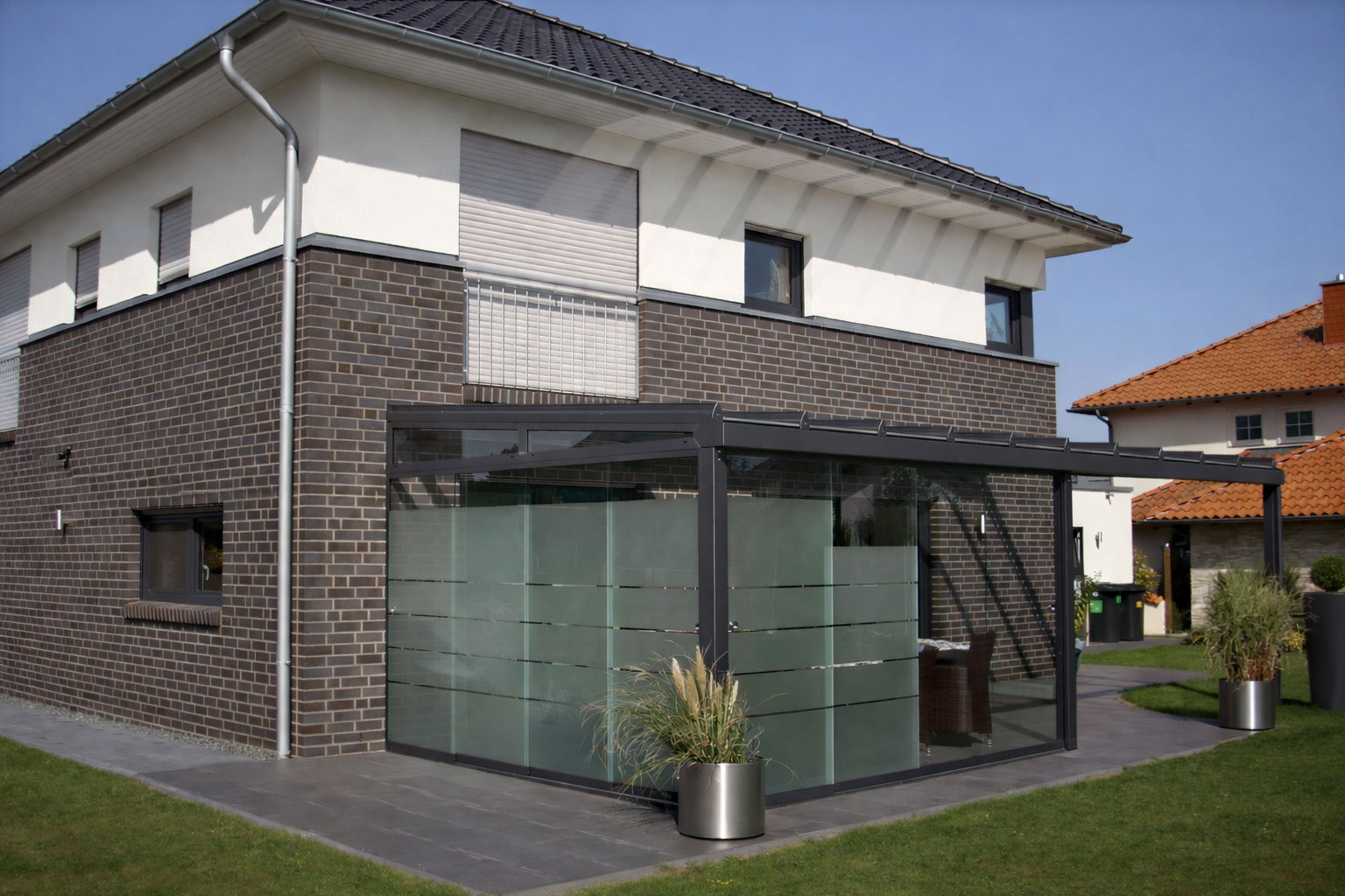 Terrassenueberdachung anthrazit milchglas eckhaus